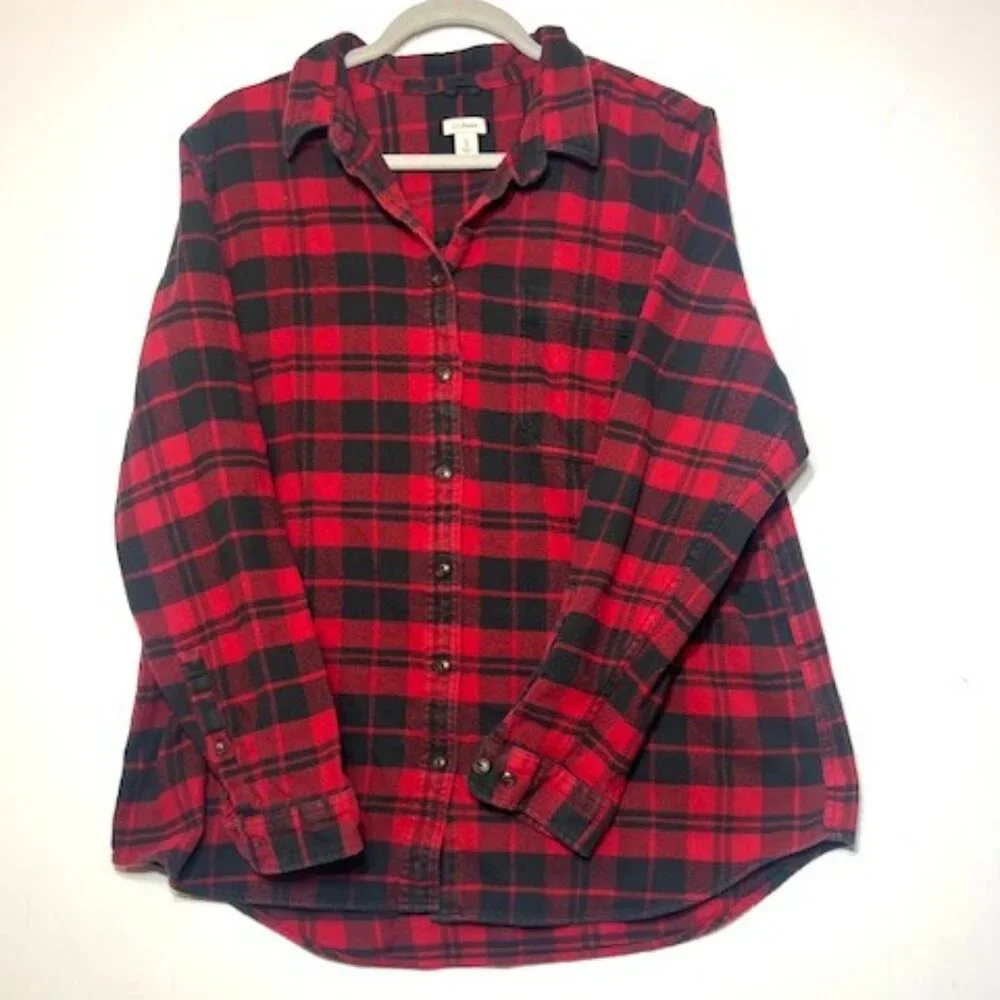 L.L. Bean Men's‎ Red Black Plaid Flannel 100% Organic Cotton Button Shirt Sz XL